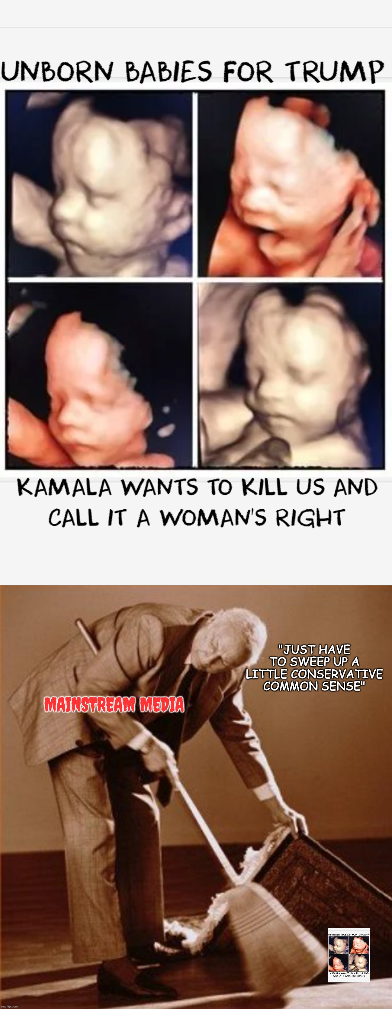 KAMALA'S THE NAME.  KILLING BABIES' THE GAME | "JUST HAVE TO SWEEP UP A LITTLE CONSERVATIVE COMMON SENSE"; MAINSTREAM MEDIA | image tagged in abortion,not right | made w/ Imgflip meme maker