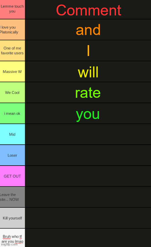 Ultimate Tierlist (made by republic of Texas) | Comment; and; I; will; not; rate; you | image tagged in ultimate tierlist made by republic of texas | made w/ Imgflip meme maker