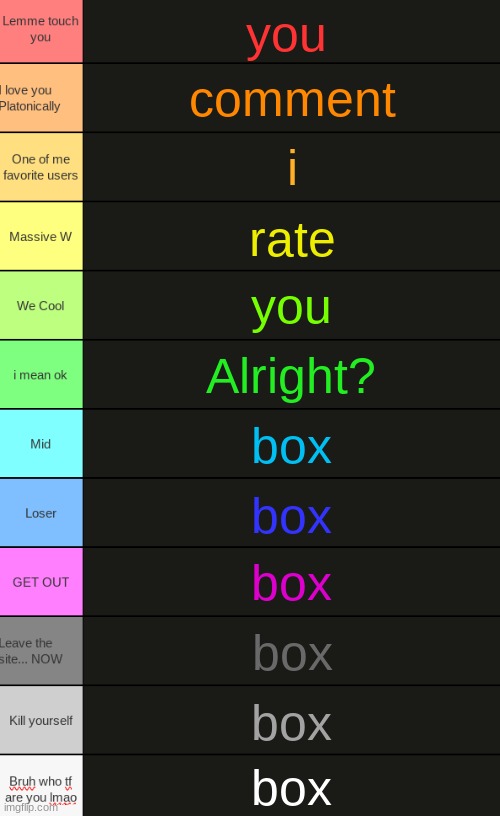 Box | you; comment; i; rate; you; Alright? box; box; box; box; box; box | image tagged in ultimate tierlist made by republic of texas | made w/ Imgflip meme maker