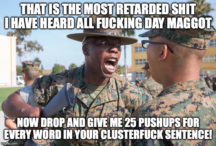 How to deal with delusional people on the internet USMC style | THAT IS THE MOST RETARDED SHIT I HAVE HEARD ALL FUCKING DAY MAGGOT; NOW DROP AND GIVE ME 25 PUSHUPS FOR EVERY WORD IN YOUR CLUSTERFUCK SENTENCE! | image tagged in funny,relatable,usmc | made w/ Imgflip meme maker
