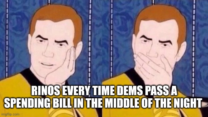 Sarcastically surprised Kirk | RINOS EVERY TIME DEMS PASS A SPENDING BILL IN THE MIDDLE OF THE NIGHT | image tagged in sarcastically surprised kirk,funny memes | made w/ Imgflip meme maker