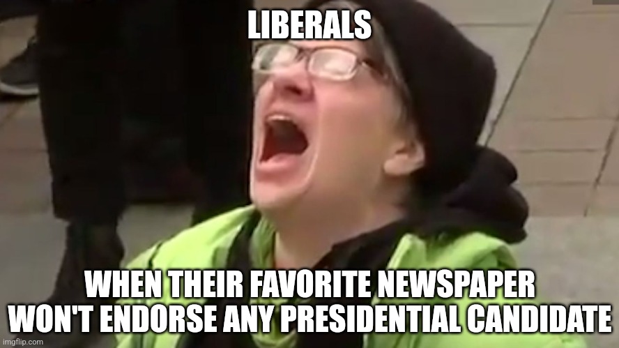 Finally proof even LIBERALS cannot ignore.  The free press is supposed to be free press. Not an arm of the DNC. | LIBERALS; WHEN THEIR FAVORITE NEWSPAPER WON'T ENDORSE ANY PRESIDENTIAL CANDIDATE | image tagged in screaming liberal,newspaper,biased media,echo chamber,hypocrisy,freedom of speech | made w/ Imgflip meme maker