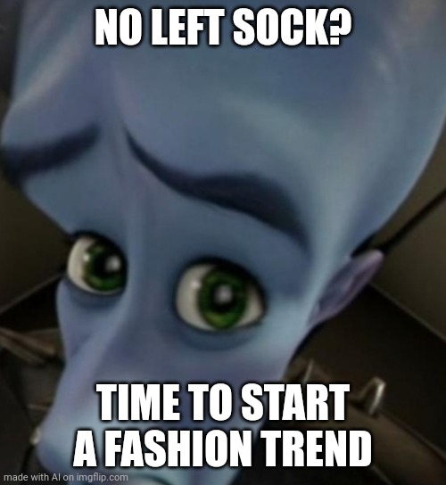 Megamind no bitches | NO LEFT SOCK? TIME TO START A FASHION TREND | image tagged in megamind no bitches | made w/ Imgflip meme maker