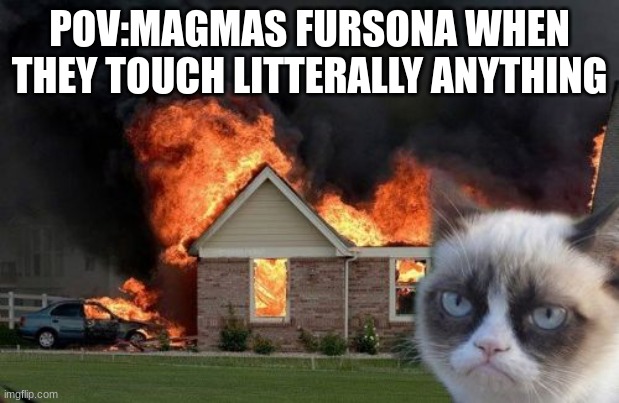 might be offensive | POV:MAGMAS FURSONA WHEN THEY TOUCH LITTERALLY ANYTHING | image tagged in memes,burn kitty,grumpy cat | made w/ Imgflip meme maker