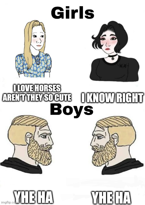 Cow boys | I LOVE HORSES AREN'T THEY SO CUTE; I KNOW RIGHT; YHE HA; YHE HA | image tagged in girls vs boys | made w/ Imgflip meme maker