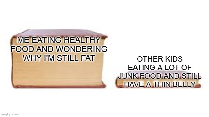 Why is it like this? | ME EATING HEALTHY FOOD AND WONDERING WHY I'M STILL FAT; OTHER KIDS EATING A LOT OF JUNK FOOD AND STILL HAVE A THIN BELLY | image tagged in big book small book,memes,funny,no wonder you're still reading the tags | made w/ Imgflip meme maker