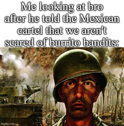 Why he gotta say shit like this all the time | Me looking at bro after he told the Mexican cartel that we aren't scared of burrito bandits: | image tagged in funny,meme,memes,funny meme,funny memes,relatable | made w/ Imgflip meme maker