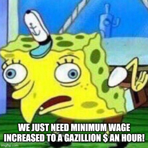 triggerpaul | WE JUST NEED MINIMUM WAGE INCREASED TO A GAZILLION $ AN HOUR! | image tagged in triggerpaul | made w/ Imgflip meme maker