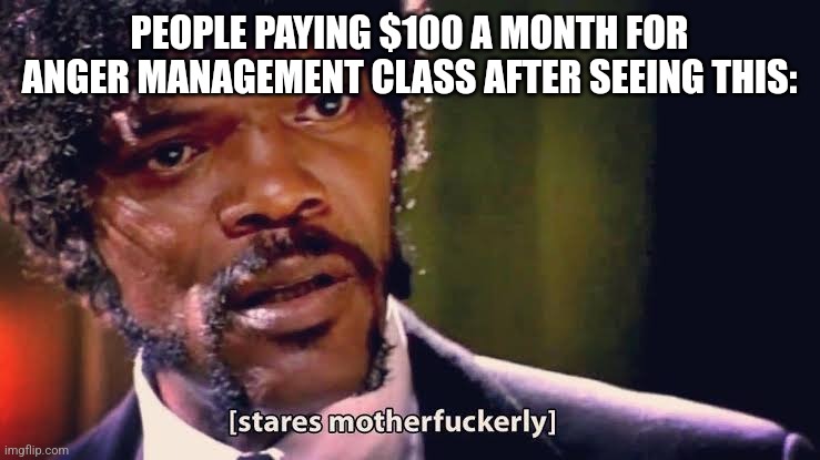 Samuel Jackson stares mother-ly | PEOPLE PAYING $100 A MONTH FOR ANGER MANAGEMENT CLASS AFTER SEEING THIS: | image tagged in samuel jackson stares mother-ly | made w/ Imgflip meme maker