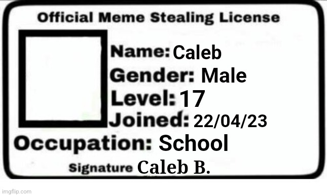 Official Meme Stealing License | Caleb Male 17 22/04/23 School Caleb B. | image tagged in official meme stealing license | made w/ Imgflip meme maker