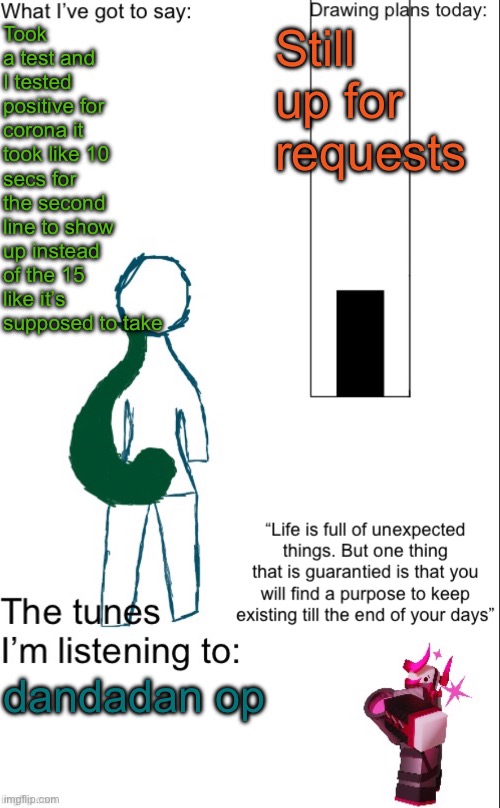 Funnnnn | Took a test and I tested positive for corona it took like 10 secs for the second line to show up instead of the 15 like it’s supposed to take; Still up for requests; dandadan op | image tagged in subspacekobold temp | made w/ Imgflip meme maker
