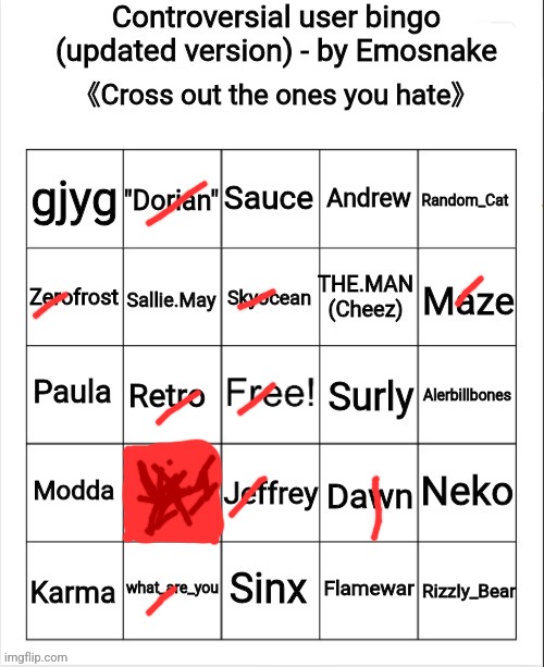 Controversial user bingo (updated version) - by Emosnake | image tagged in controversial user bingo updated version - by emosnake | made w/ Imgflip meme maker