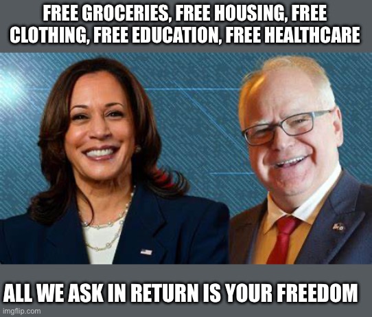 Free for freedom | FREE GROCERIES, FREE HOUSING, FREE CLOTHING, FREE EDUCATION, FREE HEALTHCARE; ALL WE ASK IN RETURN IS YOUR FREEDOM | image tagged in kamala harris,walz | made w/ Imgflip meme maker