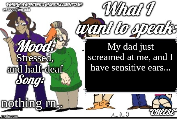 Vanilla Valentino's temp gift | My dad just screamed at me, and I have sensitive ears... Stressed, and half-deaf; nothing rn.. | image tagged in vanilla valentino's temp gift | made w/ Imgflip meme maker