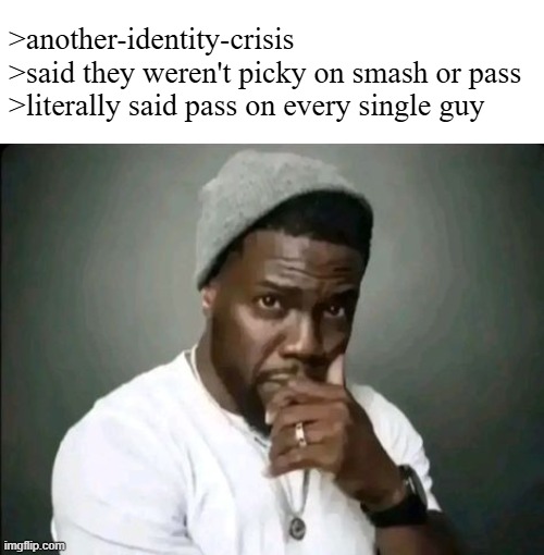 erm they lied | >another-identity-crisis
>said they weren't picky on smash or pass
>literally said pass on every single guy | image tagged in kevin hart stare | made w/ Imgflip meme maker