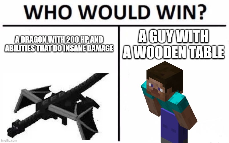 i dont play that much minecraft but heres a meme | A DRAGON WITH 200 HP AND ABILITIES THAT DO INSANE DAMAGE; A GUY WITH A WOODEN TABLE | image tagged in memes,who would win | made w/ Imgflip meme maker