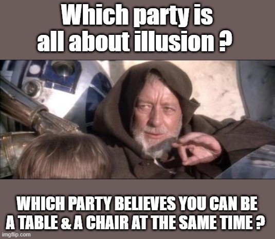 If you read the required books when schools still taught critical thinking, you'll understand this. | Which party is all about illusion ? WHICH PARTY BELIEVES YOU CAN BE A TABLE & A CHAIR AT THE SAME TIME ? | image tagged in memes,these aren't the droids you were looking for | made w/ Imgflip meme maker