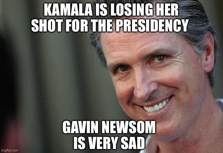 Gavin Newsom | KAMALA IS LOSING HER SHOT FOR THE PRESIDENCY; GAVIN NEWSOM IS VERY SAD | image tagged in gavin newsom,election,kamala harris,president,politics,political meme | made w/ Imgflip meme maker