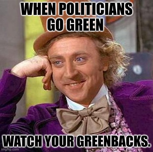 Creepy Condescending Wonka Meme | WHEN POLITICIANS GO GREEN WATCH YOUR GREENBACKS. | image tagged in memes,creepy condescending wonka | made w/ Imgflip meme maker