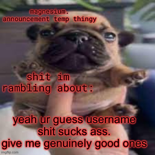 pug temp | yeah ur guess username shit sucks ass. give me genuinely good ones | image tagged in pug temp | made w/ Imgflip meme maker