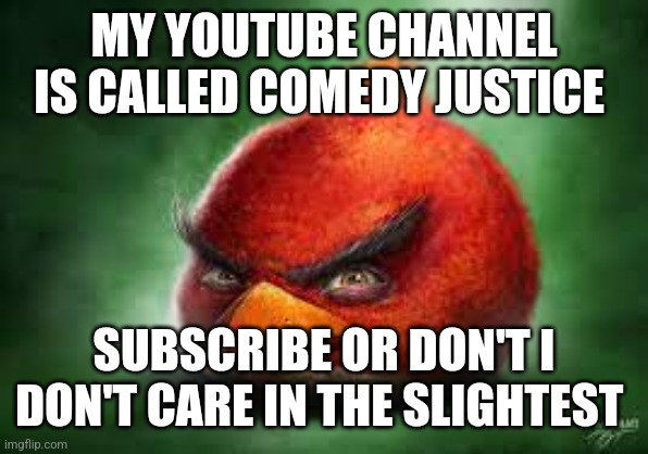 Just letting yall know if you hate on me don't care just a friendly youtuber | MY YOUTUBE CHANNEL IS CALLED COMEDY JUSTICE; SUBSCRIBE OR DON'T I DON'T CARE IN THE SLIGHTEST | image tagged in realistic red angry birds | made w/ Imgflip meme maker