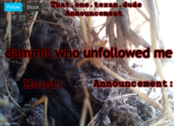 THE that.one.texan.dude announcement template | dammit who unfollowed me | image tagged in the that one texan dude announcement template | made w/ Imgflip meme maker
