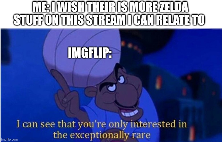 I can see you're only in today exceptionally rare | ME: I WISH THEIR IS MORE ZELDA STUFF ON THIS STREAM I CAN RELATE TO; IMGFLIP: | image tagged in i can see you're only in today exceptionally rare | made w/ Imgflip meme maker