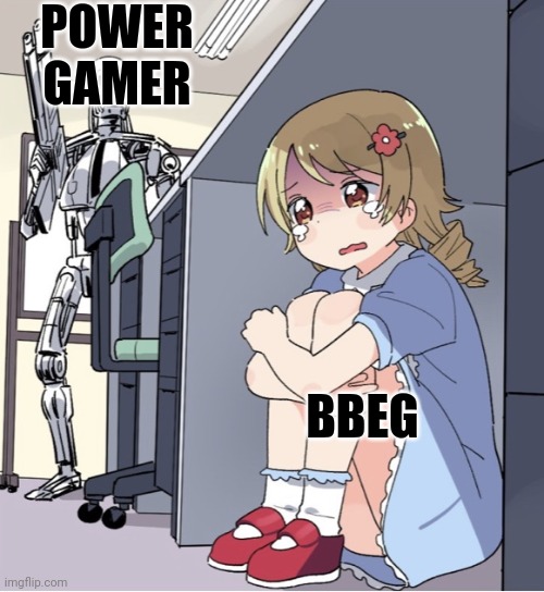 The thing from the optimization forum. | POWER GAMER; BBEG | image tagged in anime girl hiding from terminator | made w/ Imgflip meme maker