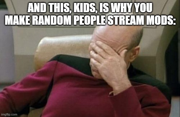 Captain Picard Facepalm Meme | AND THIS, KIDS, IS WHY YOU MAKE RANDOM PEOPLE STREAM MODS: | image tagged in memes,captain picard facepalm | made w/ Imgflip meme maker