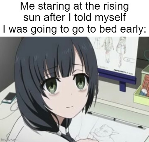 I got sidetracked | Me staring at the rising sun after I told myself I was going to go to bed early: | image tagged in sleep deprived girl | made w/ Imgflip meme maker