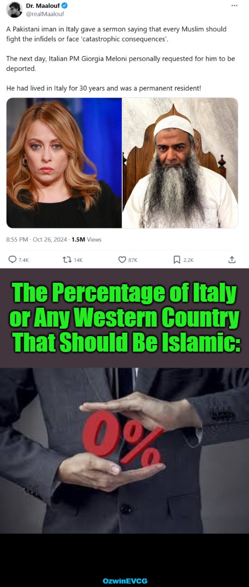 Cue REEEEEing from Leftists Who Wouldn't Support Millions of Europeans, Christian or Otherwise, in a Muslim Country | The Percentage of Italy 

or Any Western Country 

That Should Be Islamic:; OzwinEVCG | image tagged in italy,invasion,deportation,islam,occupied europe,migration double standards | made w/ Imgflip meme maker