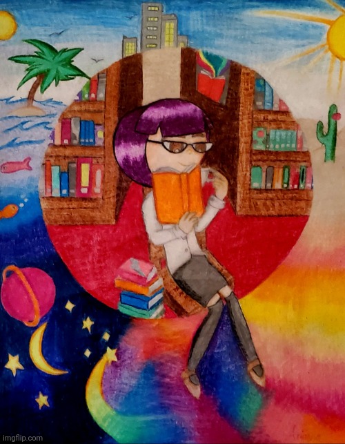 Reading girl cartoon drawing! So cute! | image tagged in drawing,art,books,nerd,so much books,reading | made w/ Imgflip meme maker