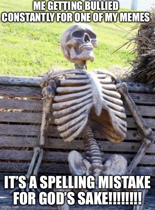 Can all of you just stop i apologize I could be from an other country and you wouldn’t know sorry for yapping | ME GETTING BULLIED CONSTANTLY FOR ONE OF MY MEMES; IT’S A SPELLING MISTAKE FOR GOD’S SAKE!!!!!!!! | image tagged in memes,waiting skeleton | made w/ Imgflip meme maker