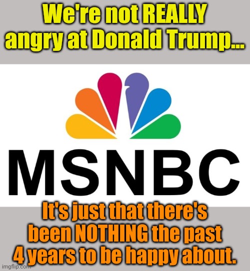 Truth be told... | We're not REALLY angry at Donald Trump... It's just that there's been NOTHING the past 4 years to be happy about. | image tagged in msnbc | made w/ Imgflip meme maker