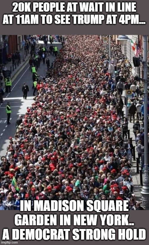 seems like everyone has had enough of the lefts bullshit. | 20K PEOPLE AT WAIT IN LINE AT 11AM TO SEE TRUMP AT 4PM... IN MADISON SQUARE GARDEN IN NEW YORK.. A DEMOCRAT STRONG HOLD | image tagged in stupid liberals,maga,donald trump approves,kamala harris,losing | made w/ Imgflip meme maker