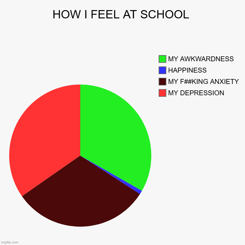 HOW I FEEL AT SCHOOL | MY DEPRESSION, MY F##KING ANXIETY, HAPPINESS, MY AWKWARDNESS | image tagged in charts,pie charts | made w/ Imgflip chart maker