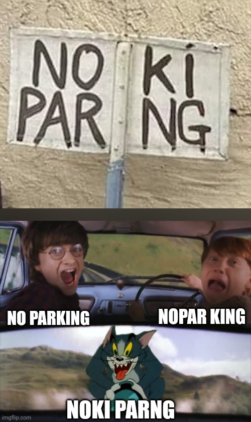 NOPAR KING; NO PARKING; NOKI PARNG | image tagged in tom chasing harry and ron weasly | made w/ Imgflip meme maker