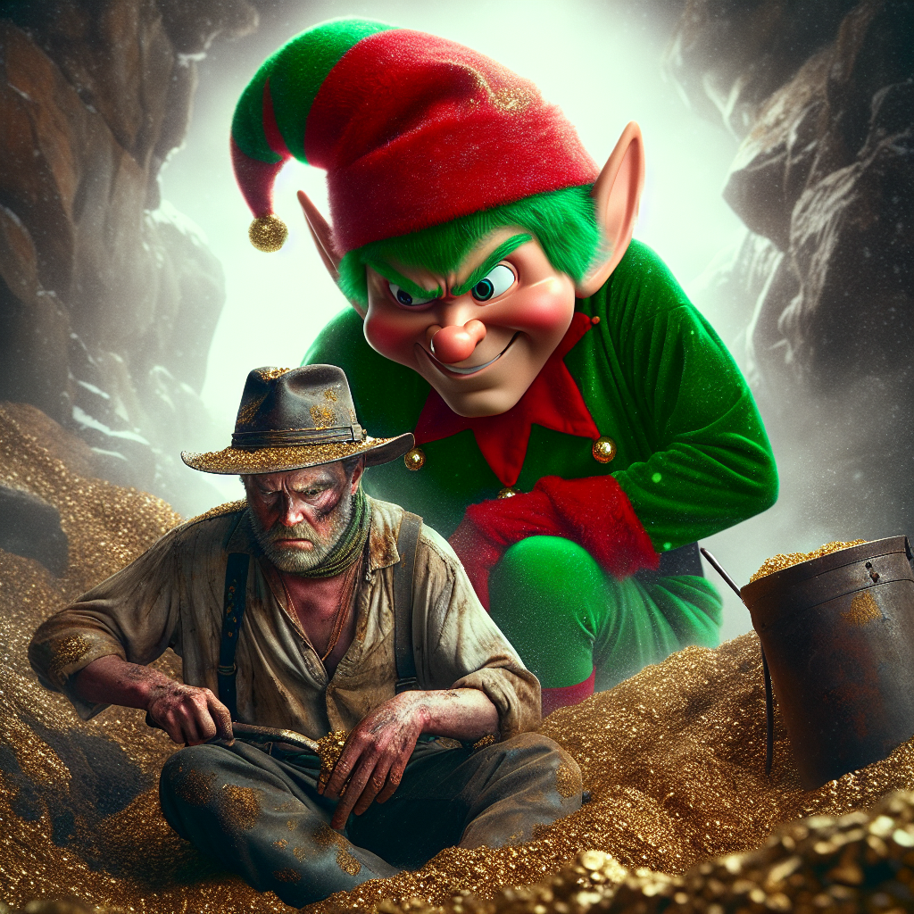 Angry Christmas elf standing over a gold digging miner Blank Meme Template