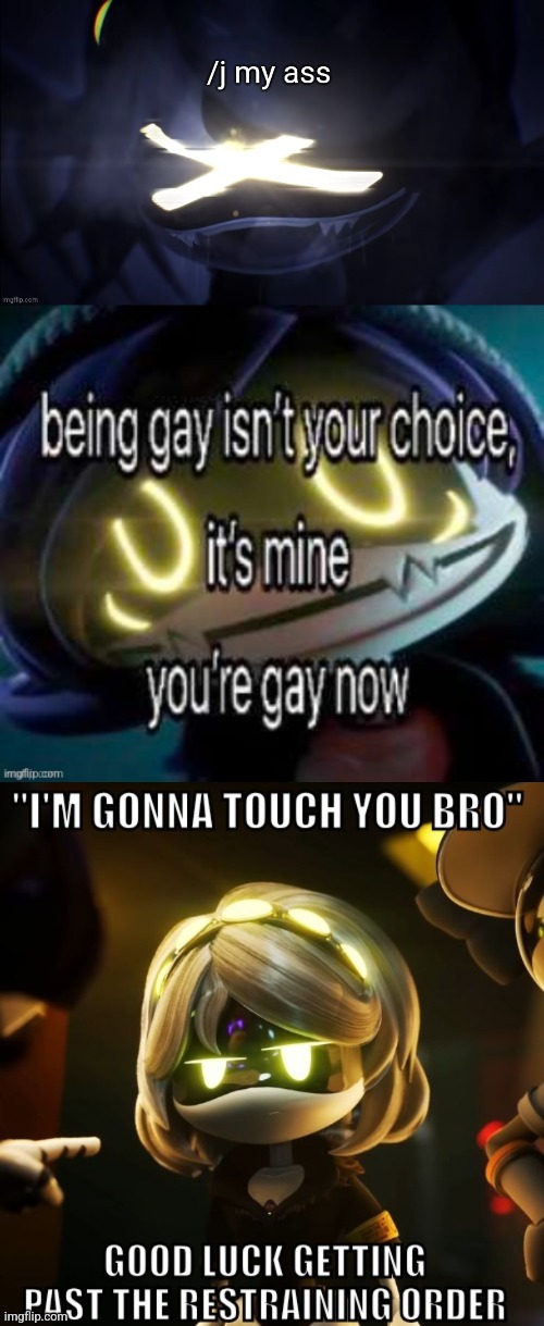 image tagged in /j my ass,being gay isn't your choice it's mine you're gay now,i'm gonna touch you bro good luck getting past the restraining | made w/ Imgflip meme maker