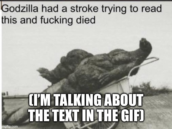 Godzilla | (I’M TALKING ABOUT THE TEXT IN THE GIF) | image tagged in godzilla | made w/ Imgflip meme maker