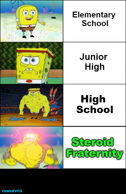 "We Know a Guy Who Knows Some Guys Who Can Get Sale Prices." | Elementary 

School; Junior 

High; High 

School; Steroid 

Fraternity; OzwinEVCG | image tagged in the 4 stages of spongebob,say what,cycle of life,performance enhancement,evolution,escalation | made w/ Imgflip meme maker