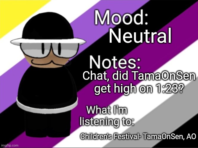 Neutral; Chat, did TamaOnSen get high on 1:23? Children's Festival- TamaOnSen, AO | image tagged in benoitx's lgbtq announcement temp | made w/ Imgflip meme maker