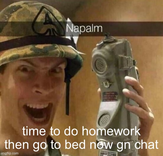 Napalm | time to do homework then go to bed now gn chat | image tagged in napalm | made w/ Imgflip meme maker