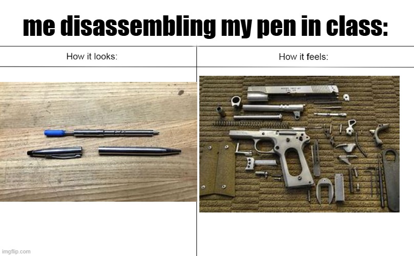 i have learned to do it with my eyes closed | me disassembling my pen in class: | image tagged in how it looks vs how it feels,funny,memes,relatable | made w/ Imgflip meme maker