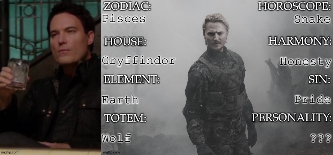 Arthur Ketch {David Haydn-Jones} (Supernatural) | Pisces; Snake; Gryffindor; Honesty; Earth; Pride; Wolf; ??? | image tagged in another template thingy by km,arthur ketch,david haydn jones,supernatural,zodiacs,hogwarts houses | made w/ Imgflip meme maker