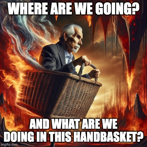 Where are we going in a handbasket? | WHERE ARE WE GOING? AND WHAT ARE WE DOING IN THIS HANDBASKET? | image tagged in what the hell happened here | made w/ Imgflip meme maker