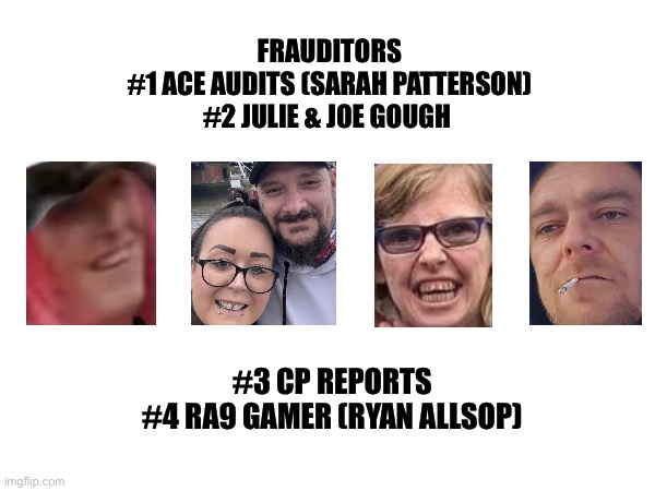 Auditing | FRAUDITORS

#1 ACE AUDITS (SARAH PATTERSON)
#2 JULIE & JOE GOUGH; #3 CP REPORTS
#4 RA9 GAMER (RYAN ALLSOP) | image tagged in funny | made w/ Imgflip meme maker