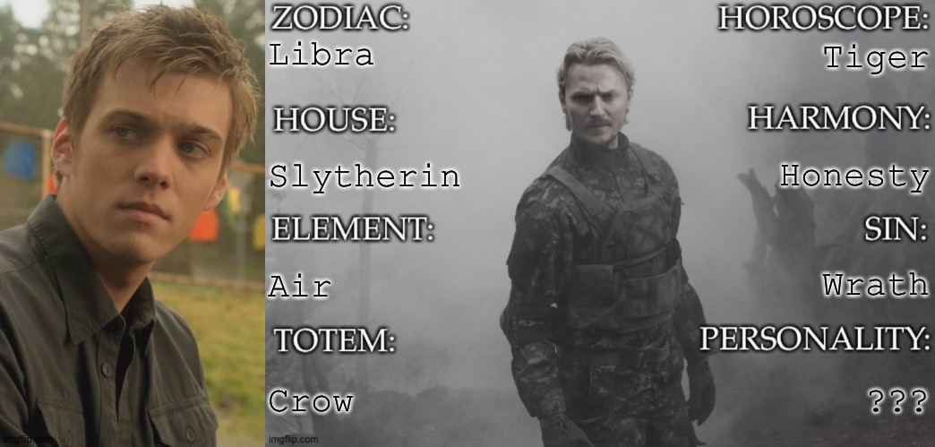 Adam Milligan {Jake Abel} (Supernatural) | Libra; Tiger; Honesty; Slytherin; Air; Wrath; Crow; ??? | image tagged in another template thingy by km,adam milligan,jake abel,supernatural,zodiacs,hogwarts houses | made w/ Imgflip meme maker