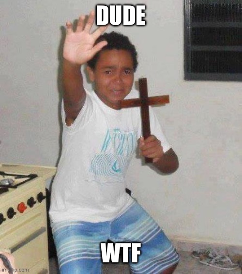 kid with cross | DUDE WTF | image tagged in kid with cross | made w/ Imgflip meme maker