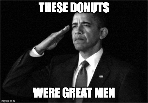 obama-salute | THESE DONUTS WERE GREAT MEN | image tagged in obama-salute | made w/ Imgflip meme maker